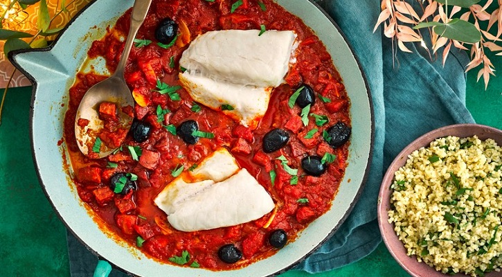 Cod with Tomato, Olive and Chorizo Sauce