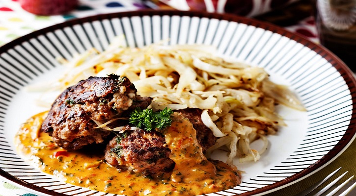 Keto Hamburger Patties with Creamy Tomato Sauce and Fried Cabbage