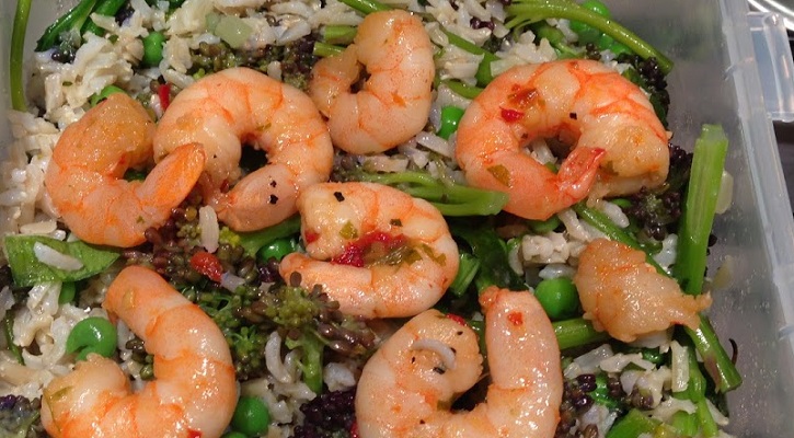 Miso Brown Rice & Broccoli Salad with Fiery Prawns