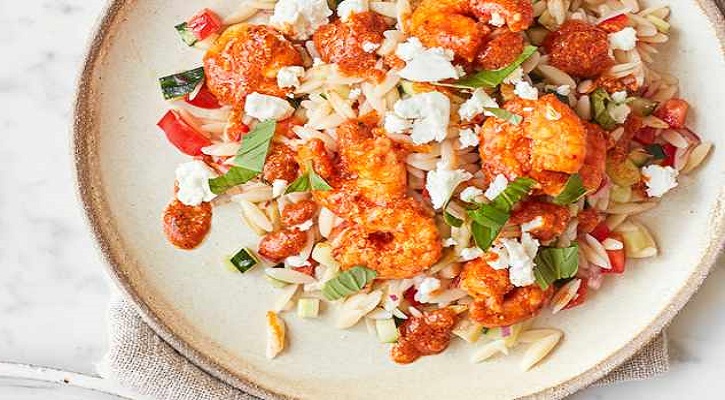 ’Nduja Prawns With Orzo, Feta and Olive Salad